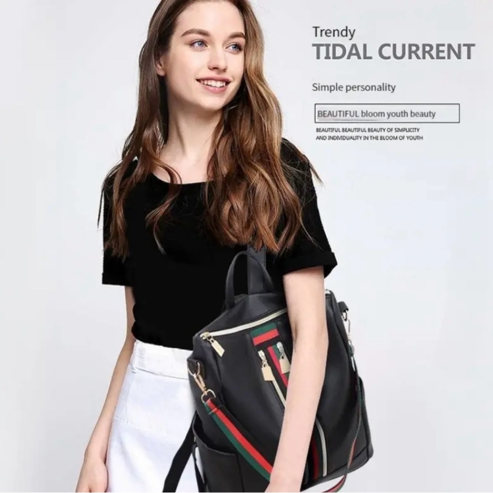 🆕 Large Capacity Backpack - Three Diagonal Stripes Soft Vegan Leather - Trendy - Picture 3 of 6